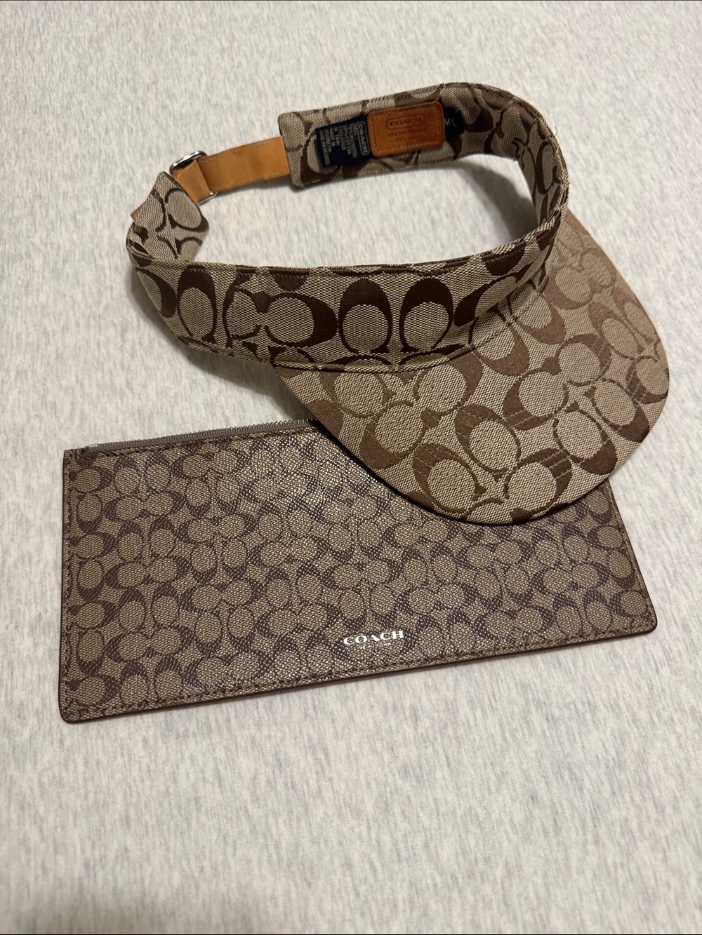 BUNDLE: Coach Brown & Tan Signature Canvas Visor + Pouch